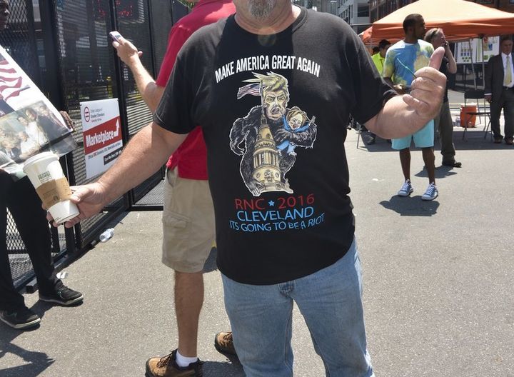 This man told me his shirt was the best shirt of the convention, and who am I to argue? It’s got Trump as King Kong on top of the Capitol, with Hillary as Fay Wray. Never mind that Kong dies at the end of the movie, and that beauty KILLS the beast. The point is… Trump strong like ape. (CORRECTION: That's Cleveland's Terminal Tower. My apologies to the tower.)