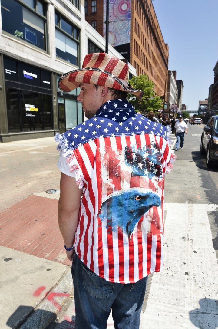 Travis here was selling bedazzled TRUMP shirts for women at a table, but we were taken by his stars and stripes vest. Please note that the sleeves came PRE-torn with the vest. Travis did not cut them off himself. Sometimes, you sacrifice authenticity for uniformity.