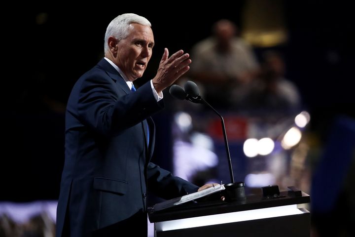 Republican vice presidential candidate Mike Pence delivers a speech on the third day of the Republican National Convention on Wednesday at the Quicken Loans Arena in Cleveland.