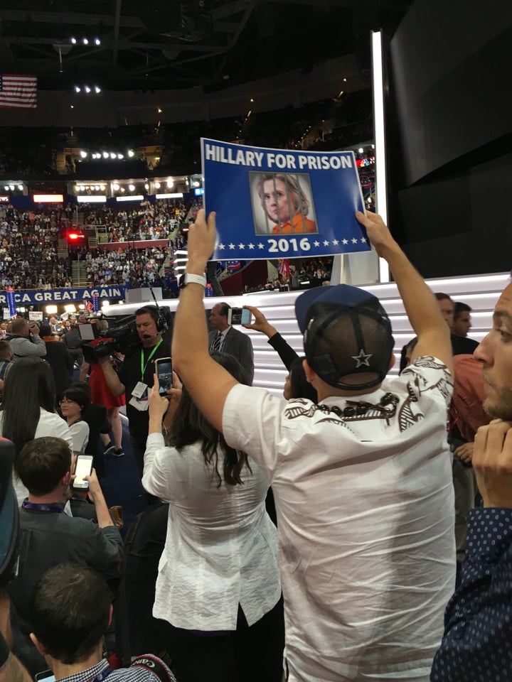 The crowd on the floor of the Republican National Convention in Cleveland has repeatedly been promoting the idea that Hillary