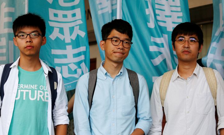 Student leaders (from left) Joshua Wong, Nathan Law and Alex Chow. Wong and Chow were found guilty on Thursday of unlawful assembly; Law was found guilty of inciting others to scale a fence.