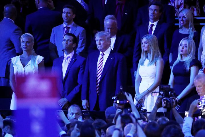 Vanessa Trump, Donald Trump Jr, Republican presidential candidate Donald Trump, Ivanka Trump and Tiffany Trump stand as they listen to Sen Ted Cruz.