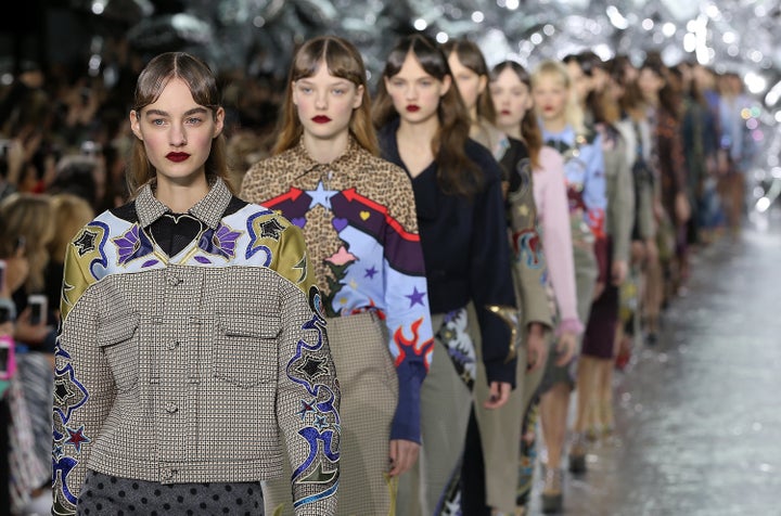 Models walk the Mary Katrantzou runway at London Fashion Week AW16