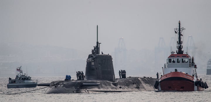 HMS Ambush after the collision, showing apparent damage to its conning tower