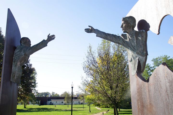 Daniel Edwards' 'Landmark For Peace' sculpture, featuring Dr. Martin Luther King, Jr. and Senator Robert F. Kennedy, sits in Dr. Martin Luther King, Jr. Park in Indianapolis, Indiana.