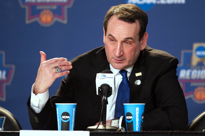 Duke basketball head coach Mike Krzyzewski on March 24, 2016, in Anaheim, California.