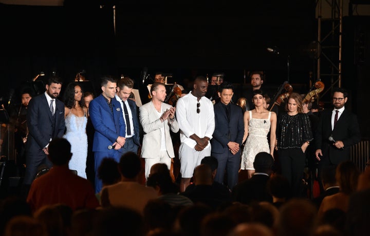 Actors Karl Urban, Zoe Saldana, Zachary Quinto, Chris Pine, Simon Pegg, Idris Elba, John Cho, and Sofia Boutella, and producers Lindsey Weber and J.J. Abrams speak onstage at the world premiere of "Star Trek Beyond."