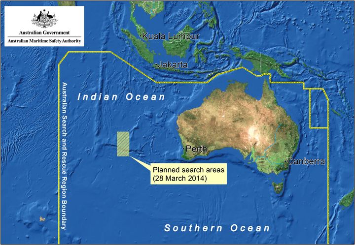This satellite image by the AMSA (Australian Maritime Safety Authority) shows a map of the planned search area for missing Malaysian Airlines Flight MH370 on March 28, 2014
