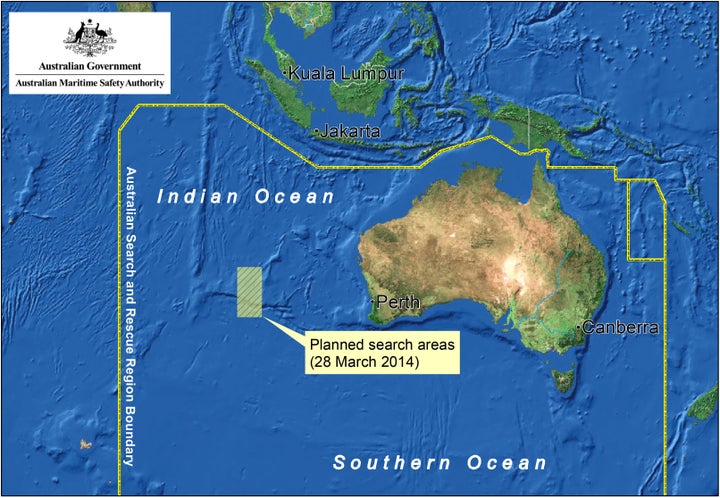 This satellite image by the AMSA (Australian Maritime Safety Authority) shows a map of the planned search area for missing Malaysian Airlines Flight MH370 on March 28, 2014