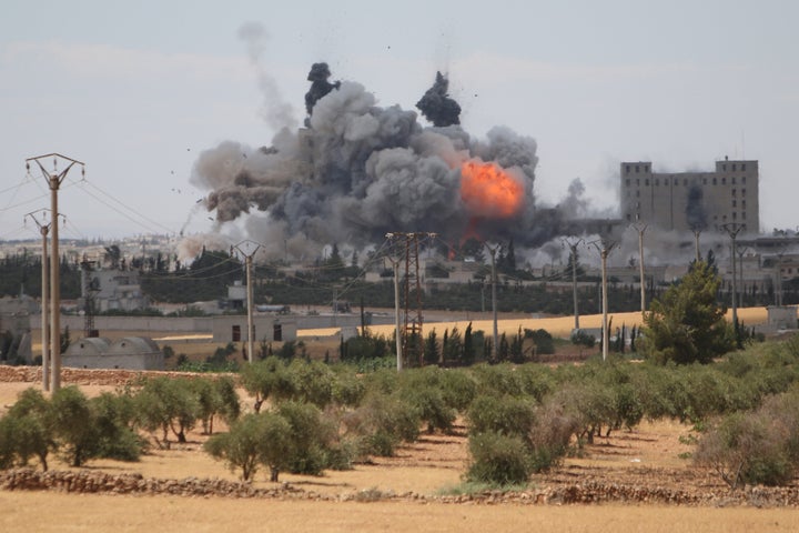An airstrike on Manbij last week. Syria's opposition has called for a halt in U.S.-led airstrikes while reports of civilian c