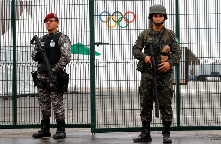 Brazilian security forces guard an entrance to the 2016 Rio Olympics Park in Rio de Janeiro, Brazil on Thursday.