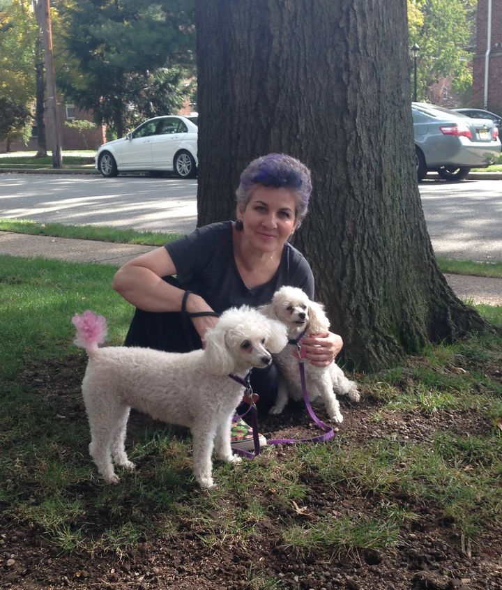 Deirdre Mahon with rescue poodles Deeva and Lily