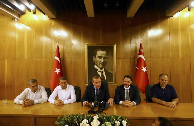 Turkish President Recep Tayyip Erdogan addresses the nation after he landed in Istanbul during the attempted coup.
