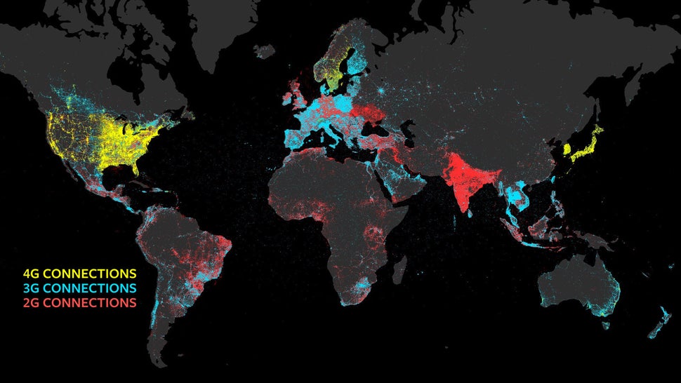 A map provided by Facebook shows the quality of internet connections around the world. Yellow is strong connectivity, blue is