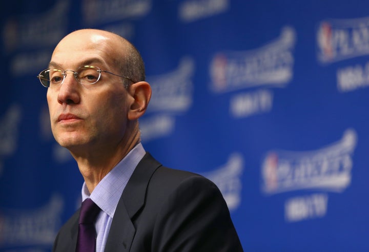 Adam Silver talks to the media before the start of the Oklahoma City Thunder game against the Memphis Grizzlies in Game 4 of the Western Conference Quarterfinals during the 2014 NBA Playoffs.