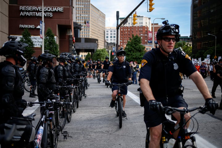 Heavy police presence in downtown Cleveland.