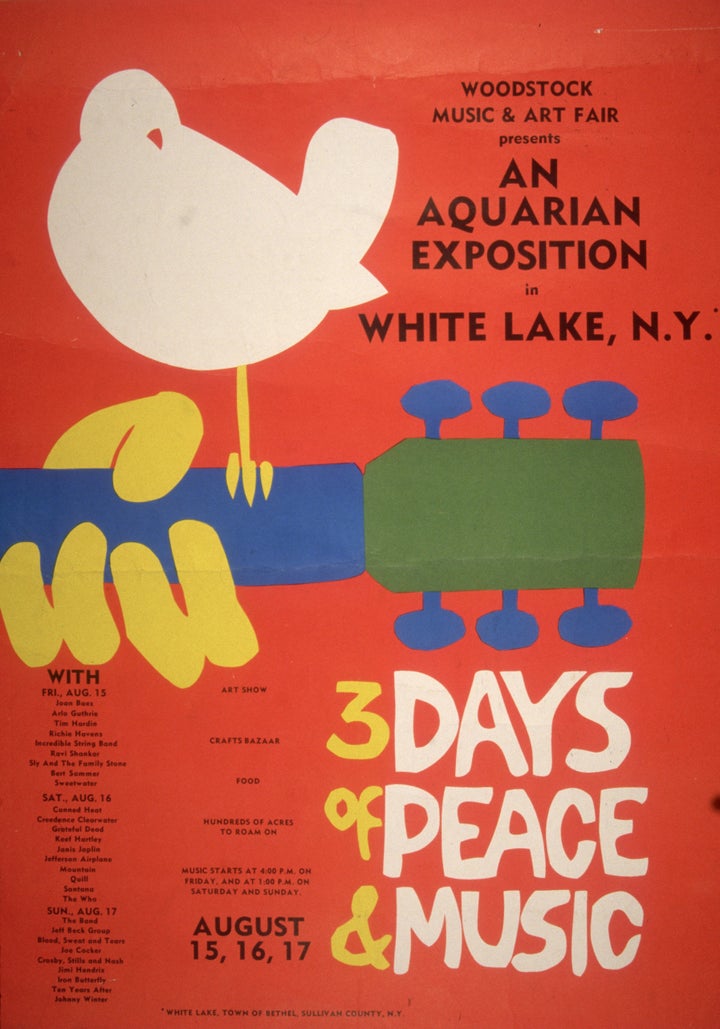 The original promotion poster for the 1969 Woodstock Music and Arts Fair in Bethel, New York. The white dove sitting on a gui