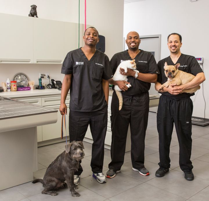 Drs. Diarra Blue, Michael Lavigne III, and Aubrey J. Ross II treat animal patients and star in The Vet Life. 