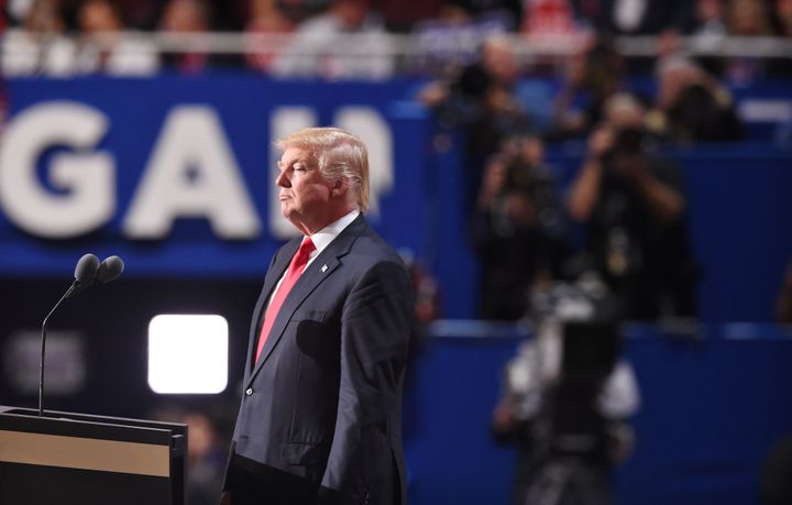 Republican presidential candidate Donald Trump addresses the final night of the Republican National Convention at Quicken Loans Arena in Cleveland, Ohio