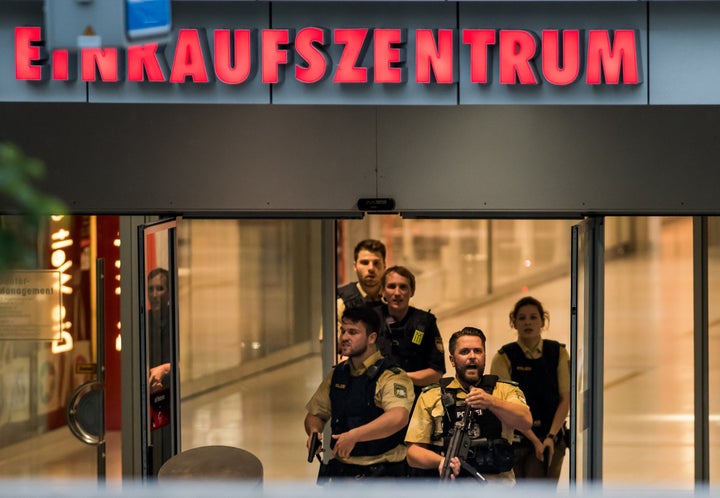 Police officers respond to the shooting in Munich, Germany on July 22, 2016.