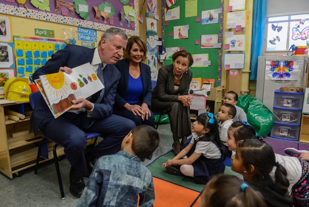 New York City Mayor Bill de Blasio, left, launched the NYC Men Teach initiative in January 2015 to recruit...