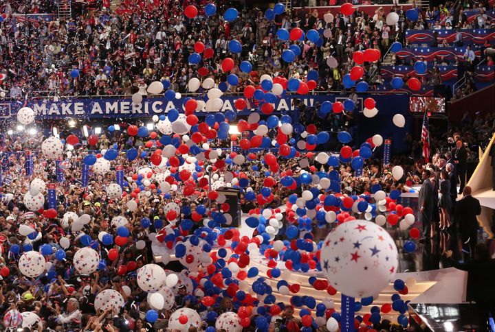 Balloons fall before Trump as the Republican convention ends on July 21.