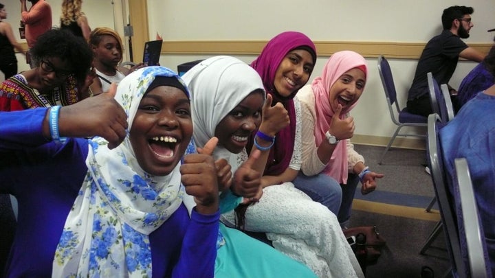 Muslim Girls Making Change participate at Brave New Voices festival. (Left to right: Balkisa Abdikadir, Hawa Adam, Kiran Waqar, Lena Ginawi.)