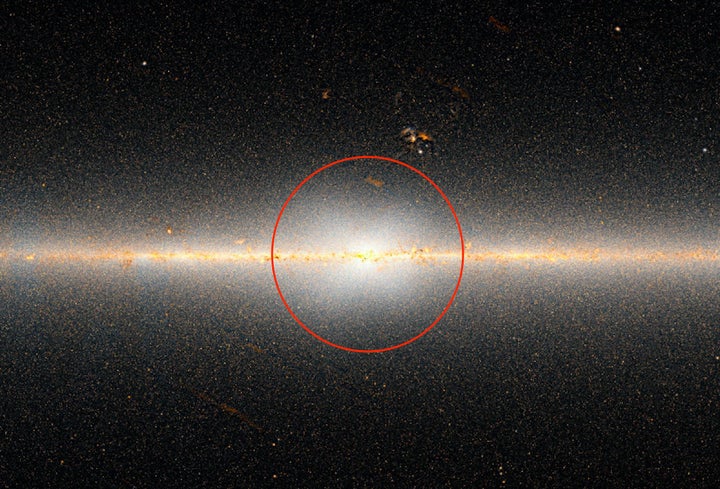 The WISE all-sky map of the Milky Way galaxy. Within the red circle is a huge bulge, or X-shaped mass of stars, at the c