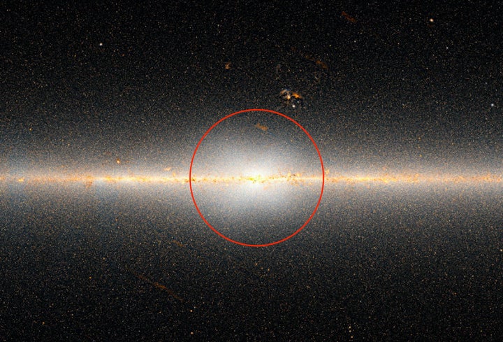 The WISE all-sky map of the Milky Way galaxy. Within the red circle is a huge bulge, or X-shaped mass of stars, at the center of the galaxy.