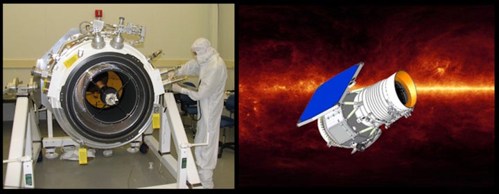 At left, the WISE space telescope during 2009 assembly at the Space Dynamics Laboratory in Logan, Utah, and at right, an illustration of the WISE telescope that surveyed the entire sky in infrared.