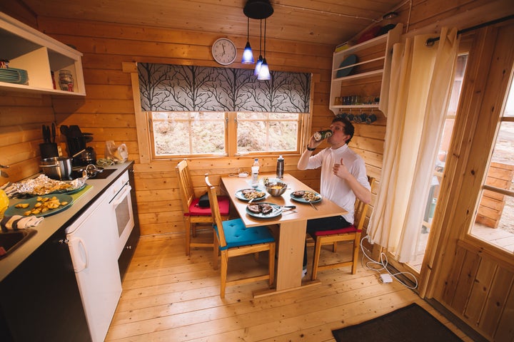 ENJOYING OUR HOME COOKED MEAL IN THE CABIN