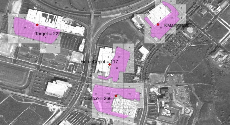 Orbital Insight’s algorithms automaticly counting the number of cars on retaliers’ parking lots