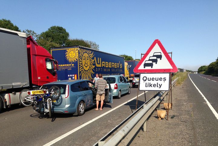 Queuing traffic on the A20 near Dover