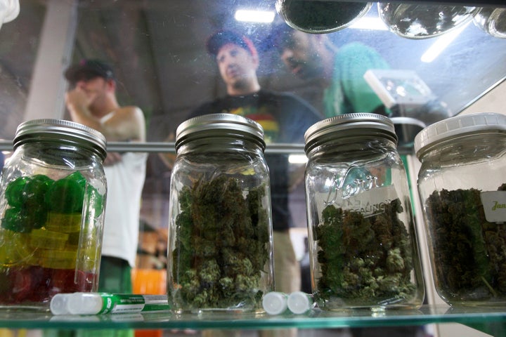 Jars containing marijuana are seen at a medical marijuana farmers market at the California Heritage Market in Los Angeles.