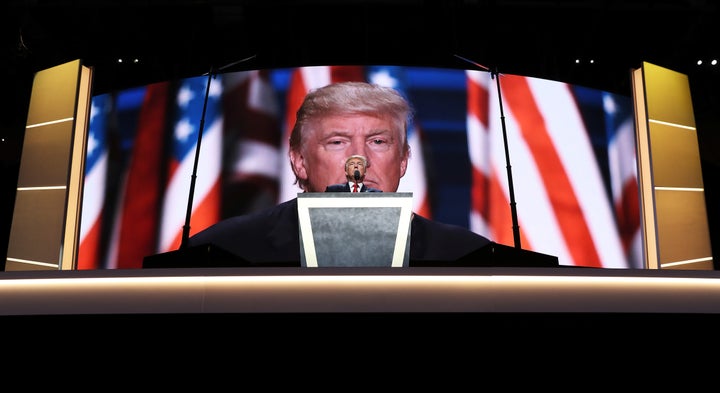 Republican presidential candidate Donald Trump delivers a speech during the evening session on the fourth day of the Republic