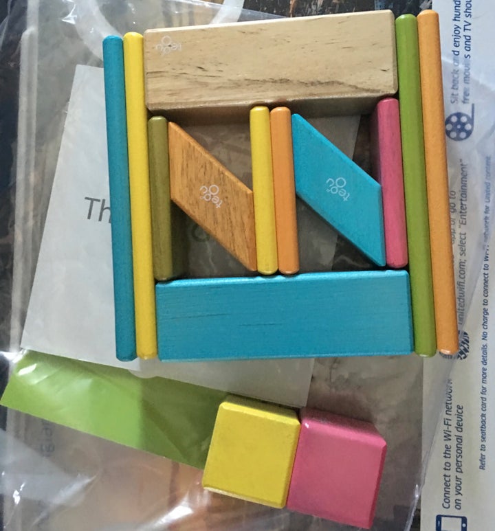 Magnetic blocks like these from Tegu are perfect for air travel as being locked together lessens the fear of losing them.