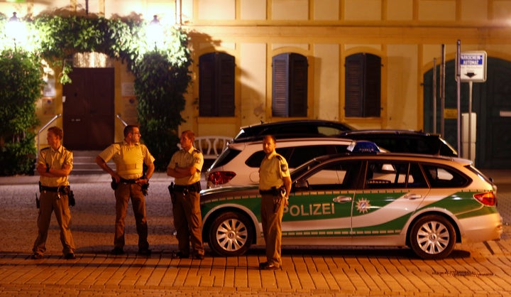 Police secure the downtown area after an explosion in Ansbach