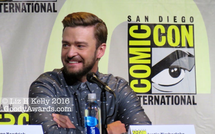 Justin Timberlake stirs happiness with big grins, hugs and song at Comic-Con 2016 "Trolls" movie panel.