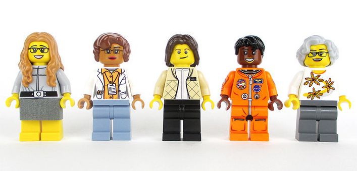 Lego versions of Margaret Hamilton, Katherine Johnson, Sally Ride, Mae Jemison and Nancy Grace Roman.