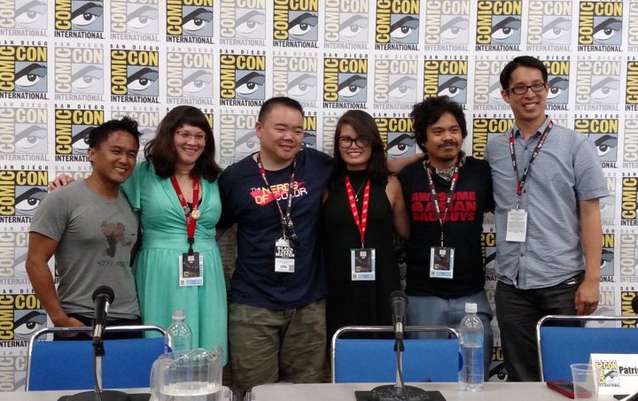 Super Asian America panel on July 24, 2016 at San Diego Comic-Con (from left to right): Mike Le, Sarah Kuhn, Keith Chow, Christine Dinh, Patrick Epino, and Gene Luen Yang, 