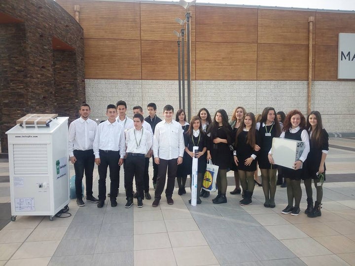 The students with their "Smileybin" at the school yard of the small Greek village Alonia at the prefecture of Pieria, Greece.