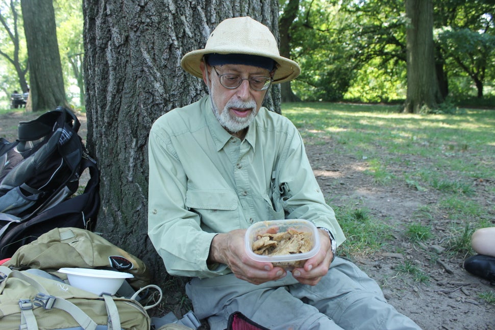Brill shows off the foraged Oysters Newberg (no oysters, just mushrooms) we ate for lunch.