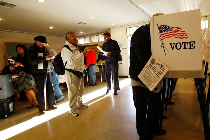 Voters go to the polls for Super Tuesday primaries in the predominantly Latino neighborhood of Boyle Heights on Feb. 5, 2008, in Los Angeles.