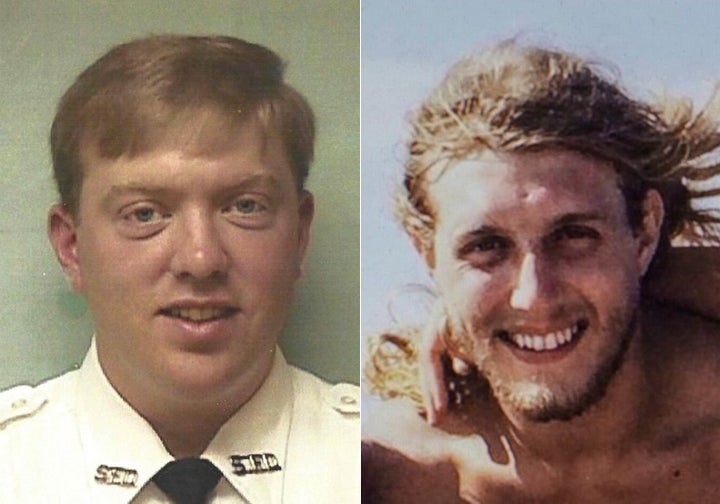 Hardison (left) in uniform before his injury (left) and a snapshot of David Rodebaugh, the face donor.