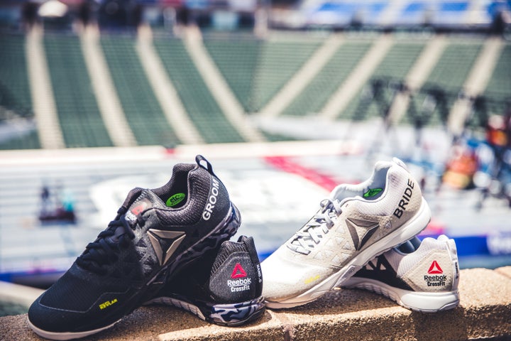 The bride and groom wore his and hers Reebok sneakers. 