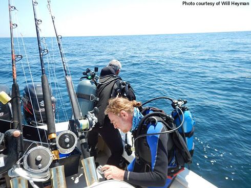 Will Heyman (foreground) prepares to dive off the coast of North Carolina in May 2016 as part of a cooperative research expedition designed to evaluate seasonal gatherings of gag grouper.