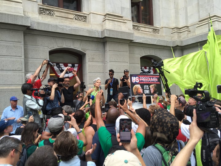 Green Party presumptive nominee Jill Stein courts Bernie Sanders supporters in Philadelphia.