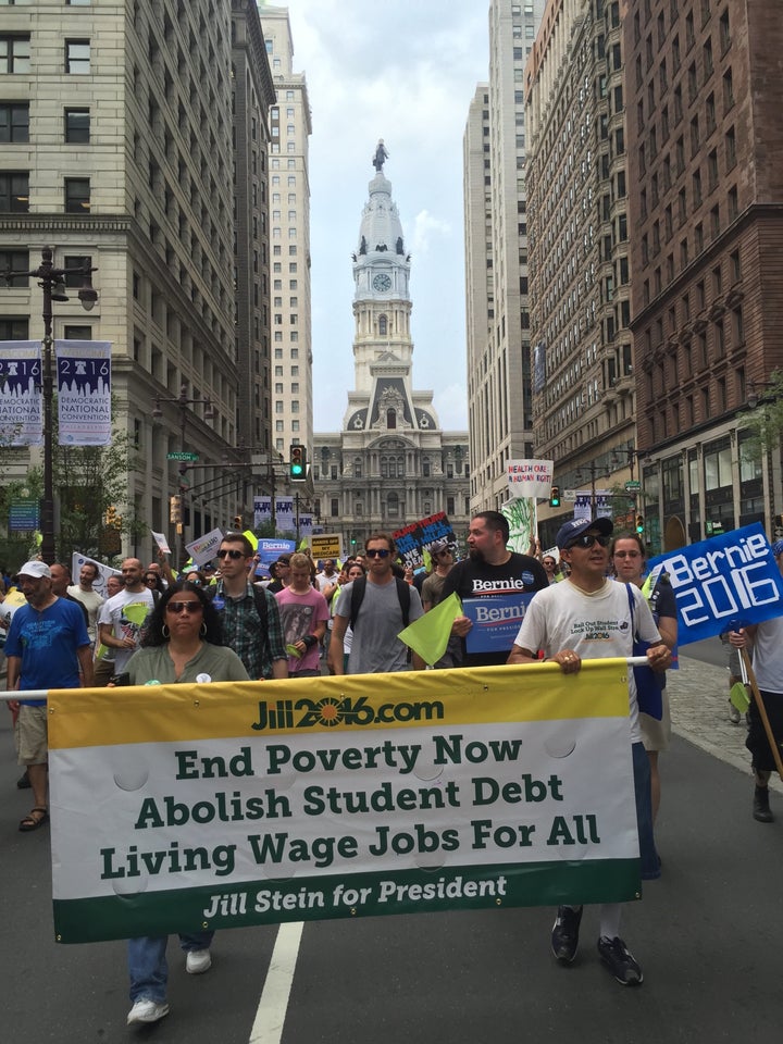 Green Party supporters march outside Philadelphia City Hall.