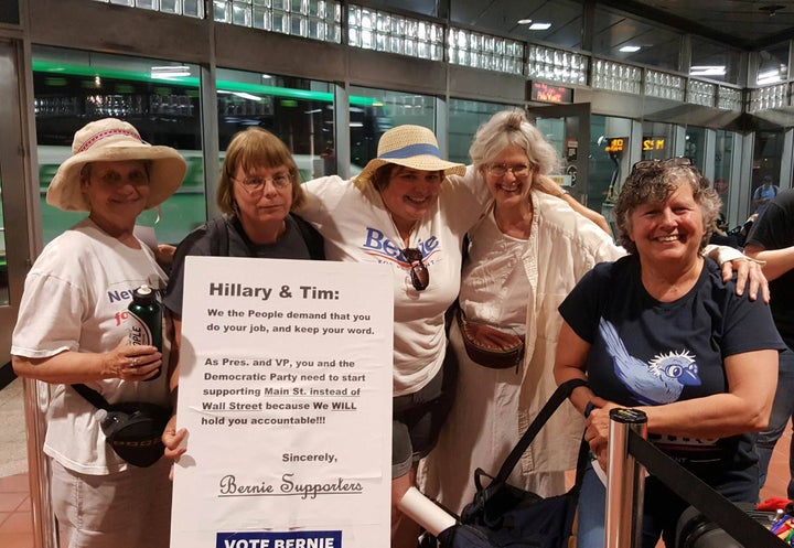 Sanders supporters heading to the DNC (l to r) Corinne Dodge, Joan DeYoreo, Ellen Read, Gera, and Gail Gouveia of New Hampshire Rebellion, New Hampshire for Bernie, and Cape Ann for Bernie.