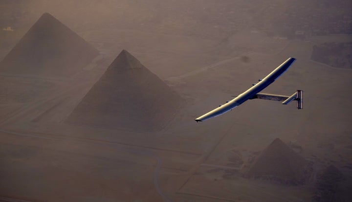 Solar Impulse 2 flies above Giza pyramids earlier this month.